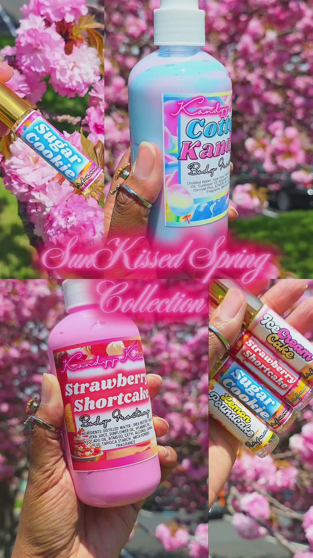 Load video: Feminine hand holding body lotion product in spring setting with pink blossom trees in background.